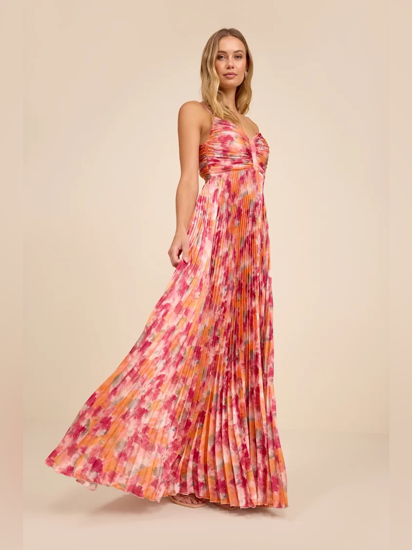 Lulus Dreaming In Color Pink Abstract V-Neck Pleated Satin Maxi Dress Medium Nwt